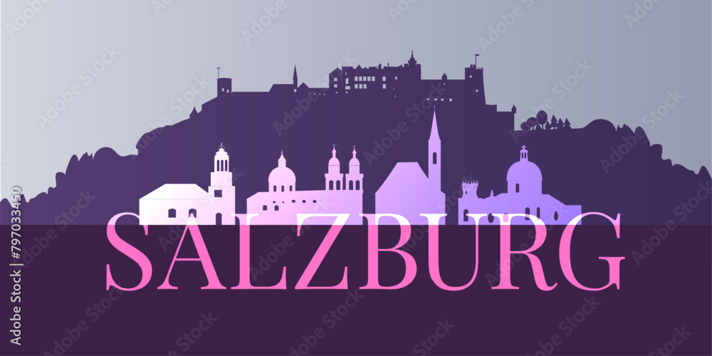 Fototapeta premium Silhouette der Stadt Salzburg mit Festung, Dom und Kirchen