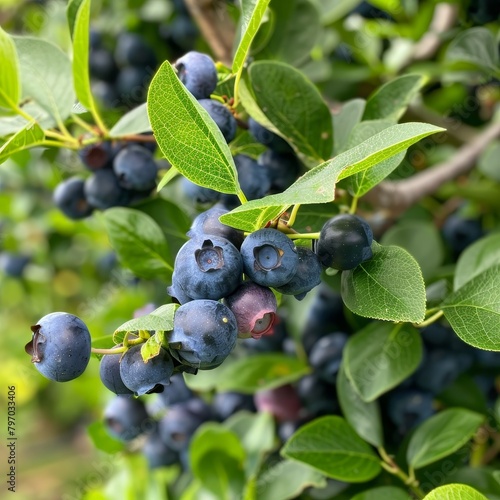 Fresh blueberries on the bush in vibrant natural setting