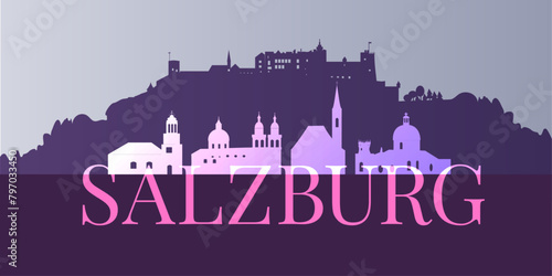 Shillouette der Stadt Salzburg mit Festung, Dom und Kirchen