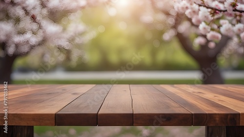 Outdoor wooden podium with cherry tree blurred background.