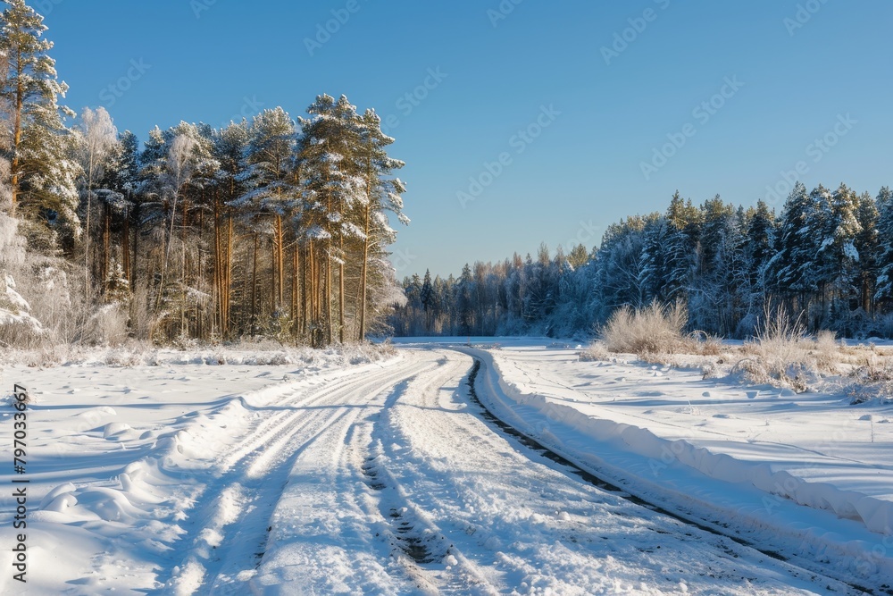Obraz premium Snowy Winter Road Through a Forest