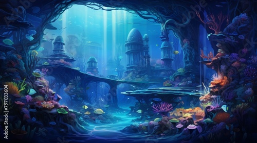 Surreal underwater city with neon lights and futuristic architecture