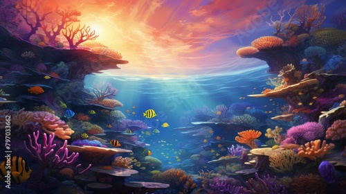 Stunning underwater sunrise illuminates a vibrant coral reef teeming with colorful marine life © Yusif
