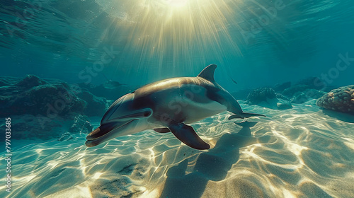 Dolphin swimming in the ocean with sun rays and sunbeams © Aliaksandra