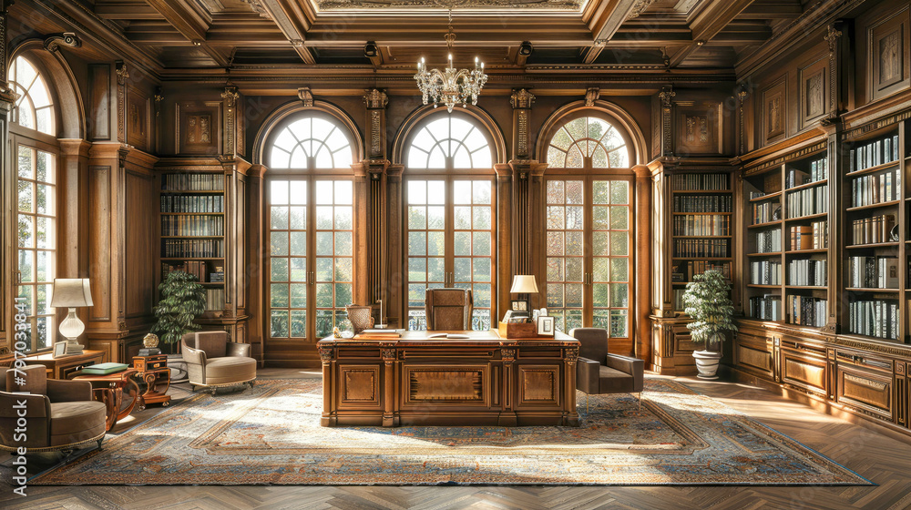 a classic study room with a wooden desk, leather chair, bookshelves filled with books, and a cozy armchair, all bathed in natural light from the window