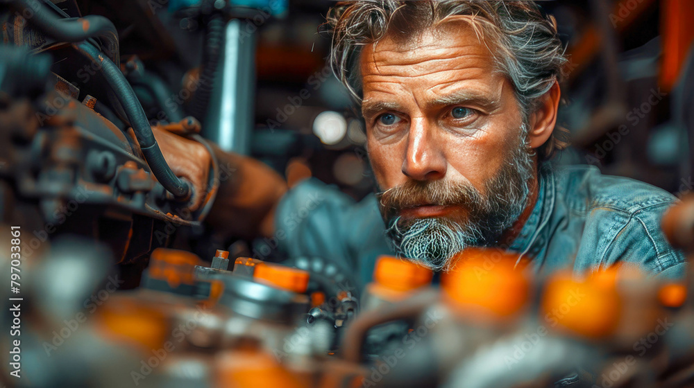 Car mechanic repairing a car in a garage. Auto service industry Car mechanic repairing a car in a garage. Auto service industry