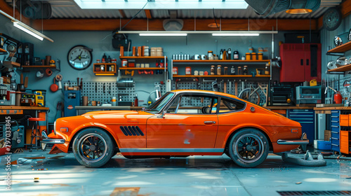 Vintage car in a garage. Retro car in the garage