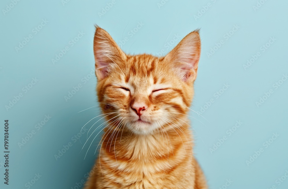 Content Ginger Cat with Eyes Closed on Blue Background
