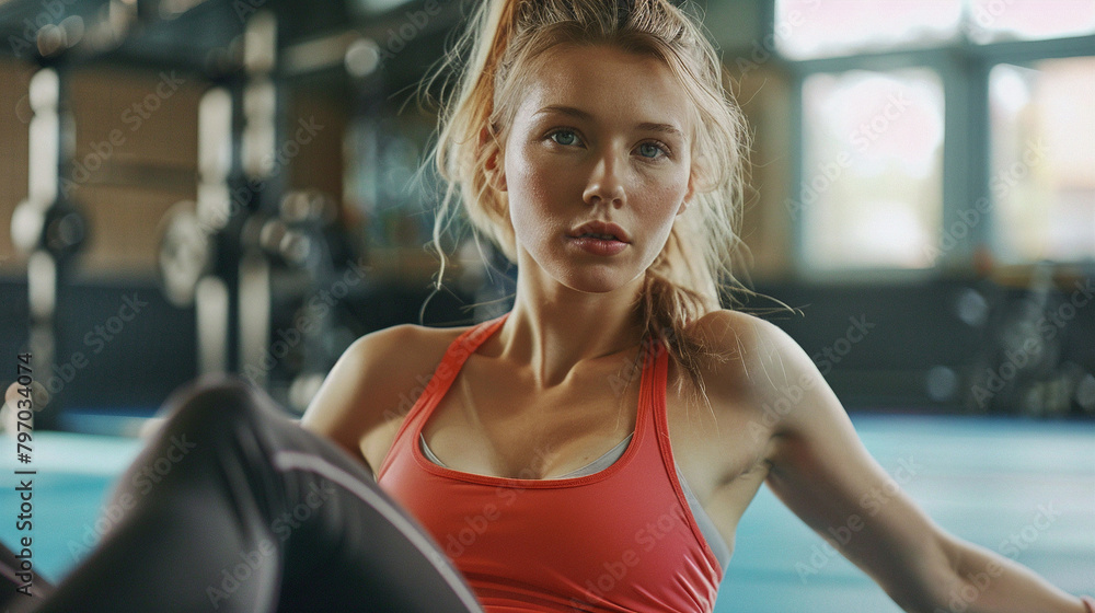 Determined Young Female Athlete Doing Sit-Ups With Personal Trainer Support At Gym, Fitness And Health Concept