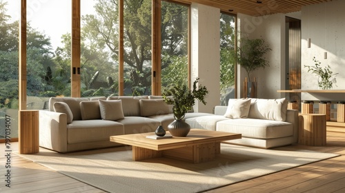 Modern living room with natural light and lush greenery © Balaraw