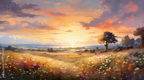 Golden sunrise over a vibrant field of wildflowers in a serene valley