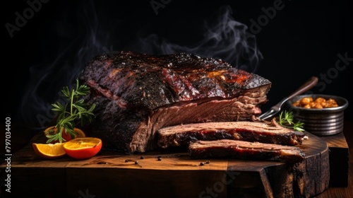 A succulent smoked brisket lies on a wooden board, with smoke rising, highlighting the tender meat and crunchy bark photo
