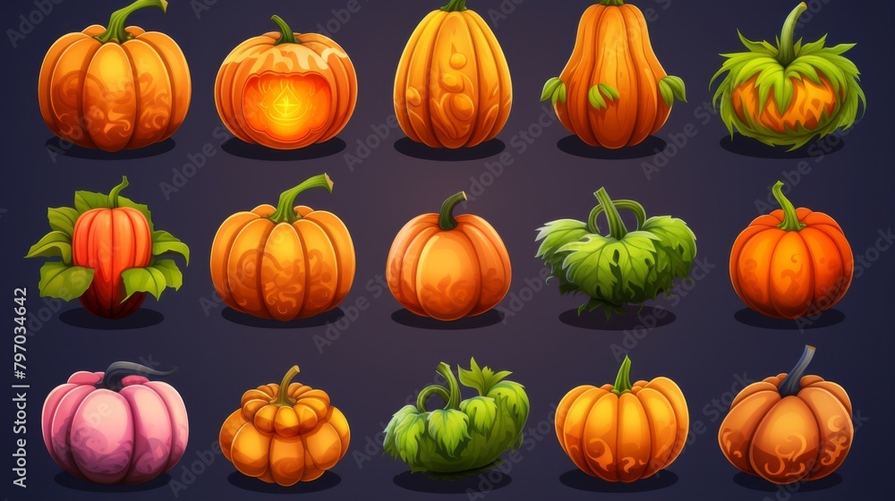 A fun collection of diverse, expressive cartoon pumpkins, perfect for Halloween and autumn-themed projects