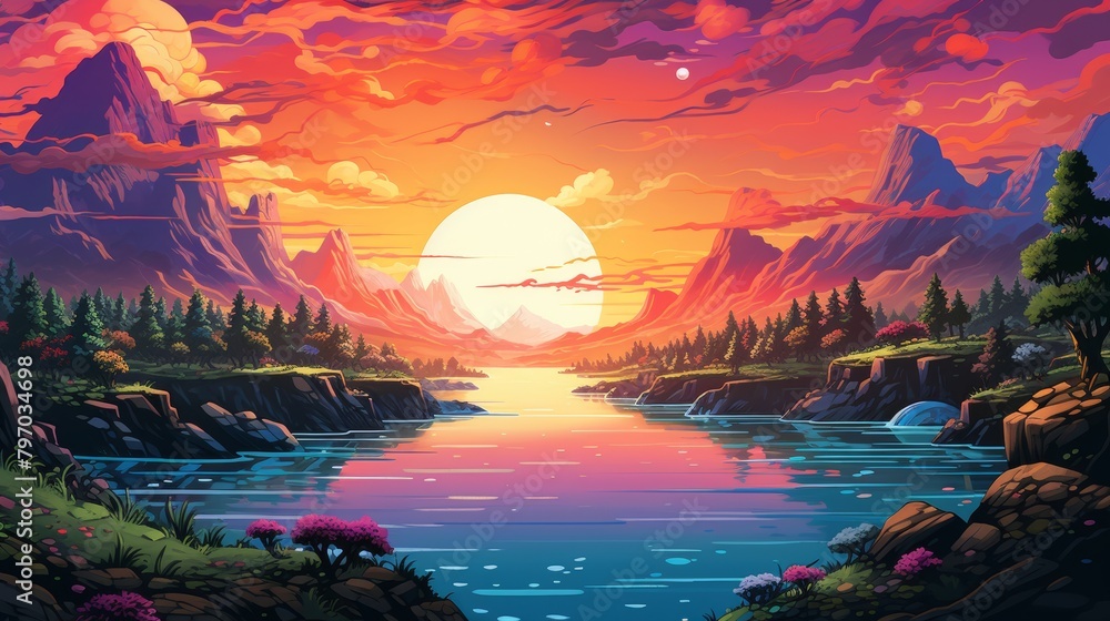 Vibrant pixel art landscape with sunset over mountains and lake, evoking peace and inspiration