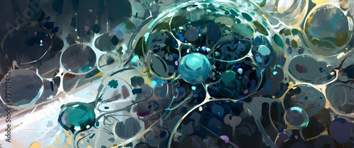A modern depiction of spherical blue shapes resembling cells  juxtaposing the organic with the abstract