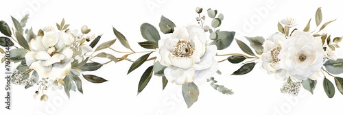 Delicate Floral Bouquet Frame with White Roses and Greenery Generative AI © Stefan