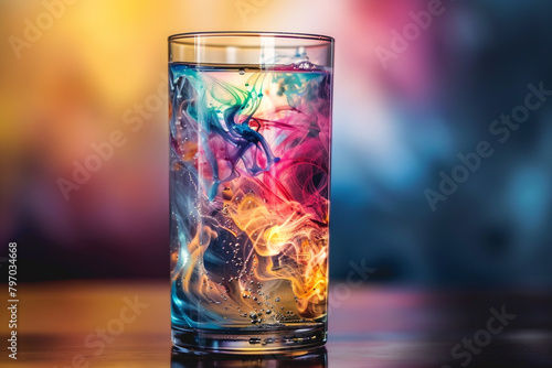 A transparent glass filled with swirling, vibrant energy drink.