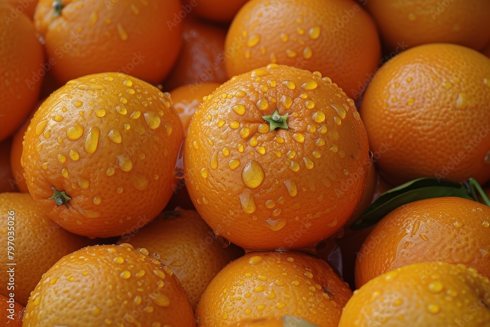 Fresh oranges with water droplets close-up Fresh oranges with water droplets close-up
