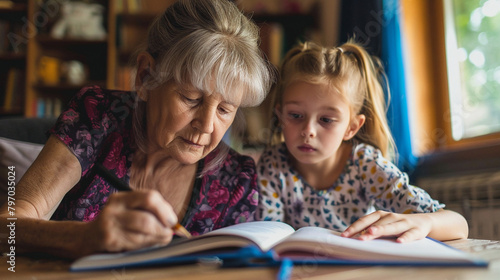 Grandmother Helping Granddaughter With Homework, Teaching Creativity And Education At Home, Perfect For Family-Related Content Or Articles About Homeschooling And Intergenerational Learning