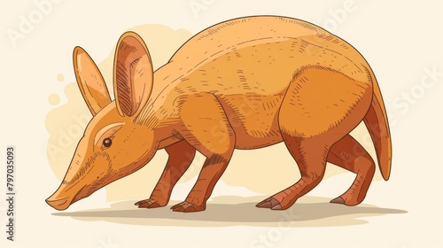 This artistic creation features a cartoon-like depiction of an aardvark with orangish tones and a minimalist cream backdrop