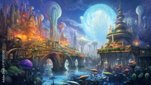 Majestic underwater city with vibrant coral and fantasy architecture at sunset