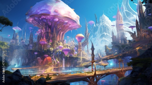 Majestic underwater city with vibrant coral and fantasy architecture at sunset