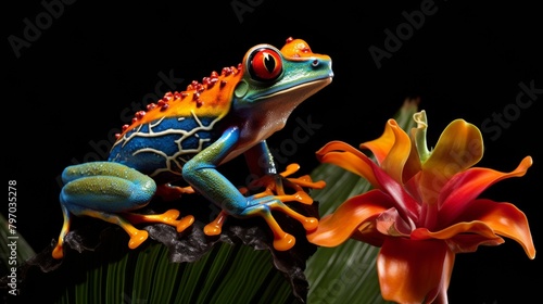 Colorful tree frog sits on a leaf against a black background  vibrant flora