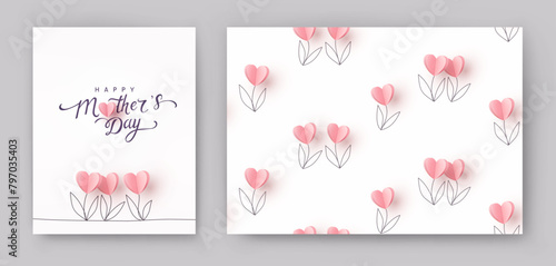 Mother's day postcard with paper tulips flowers and floral seamless pattern on white background. Vector pink symbols of love in shape of heart for greeting card, cover, label design