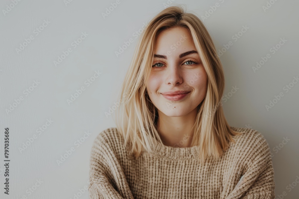 Obraz premium Smiling young woman in a cozy sweater against a plain background