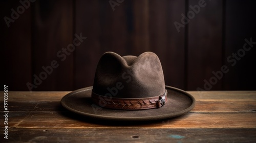 Vintage-inspired fedora hat on wooden table with soft focus background photo