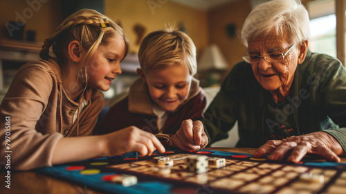 Grandparents And Grandchildren Playing Dominoes Together, Enjoying Quality Family Time And Bonding Over A Fun Game.