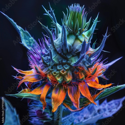 Vibrant Colored Thistle Flower Against Dark Background