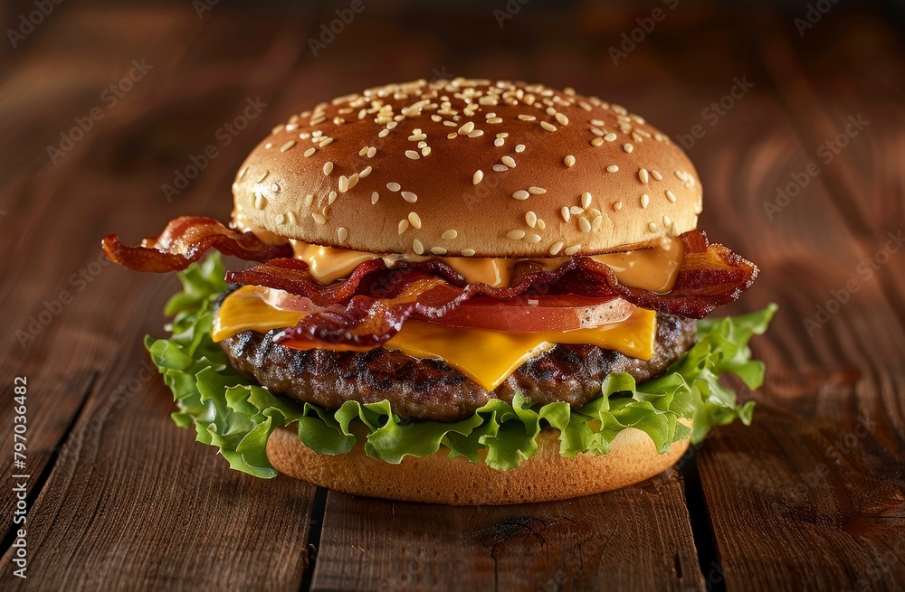Delicious bacon cheeseburger on wooden table Delicious bacon cheeseburger on wooden table