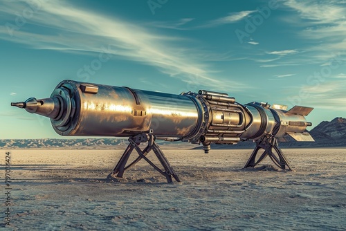 Futuristic missile on desert testing ground photo