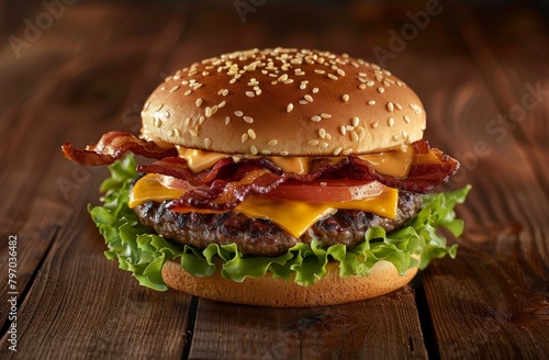 Delicious bacon cheeseburger on wooden table