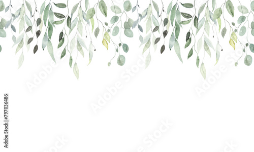 Hand drawn watercolor horizontal border of green hanging branches, delicate isolated illustration for frame, wallpapers, background, cover, invitation or greeting cards.
