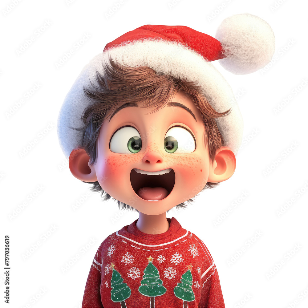 A festive Caucasian cartoon boy complete with a look of astonishment dons a red and white Christmas hat as he joyfully celebrates the holiday season against a clean transparent background Plenty of A festive Caucasian cartoon boy complete with a look of astonishment dons a red and white Christmas hat as he joyfully celebrates the holiday season against a clean transparent background Plenty of