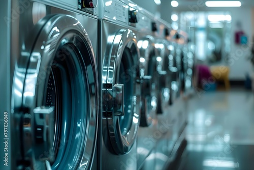 Modern laundromat with a row of washing machines. Concept Laundry equipment, modern appliances, public laundry room, commercial washing machines, laundromat design