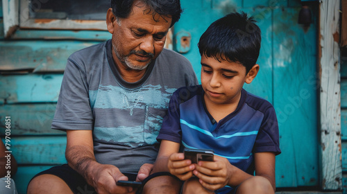 Father And Teenage Son Sitting Together, Looking At Smartphone, Having Fun. Lifestyle Image For Family, Technology, Communication Themes.