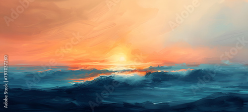 Sunset in the sea  sun in the waves of the ocean Fantastic sunset in summer on sea  sun melts in the waves Clouds in rays of sun are reflected in the water 3d.