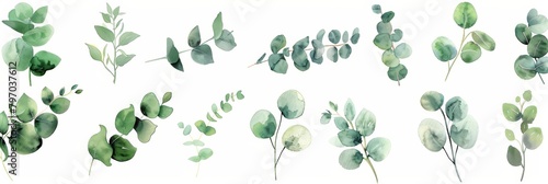 Eucalyptus Branches and Leaves Watercolor Floral Illustration Generative AI #797037612