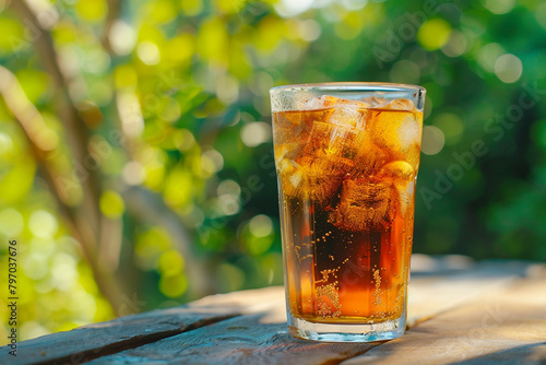 A transparent glass filled with refreshing, iced tea.