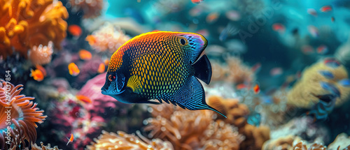Black and yellow angelfish swimming in coral reef, colorful fish photography, underwater photography