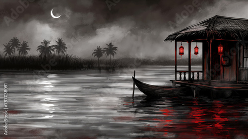 Black and white digital art, night scene of a houseboat in the back drop of black water lake with red lanterns hanging on it, there is a dark foggy sky, crescent moon shines through clouds photo