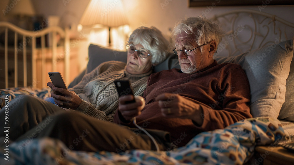Senior Couple In Bed, Suspicious Wife Spying On Husband'S Phone, Possible Secret Texting Or Cheating, Concept For Relationship Problems Senior Couple In Bed, Suspicious Wife Spying On Husband'S Phone, Possible Secret Texting Or Cheating, Concept For Relationship Problems