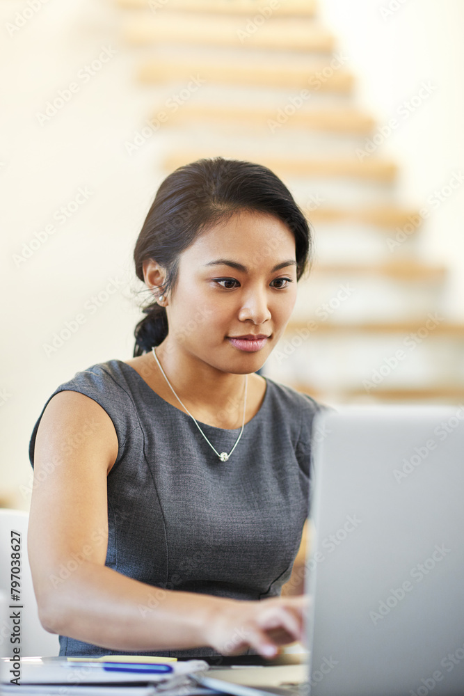 Woman, laptop and online in office for idea, accountant and reading digital report on budget. Female person, employee and internet research on economy growth, investment website and planning at desk Woman, laptop and online in office for idea, accountant and reading digital report on budget. Female person, employee and internet research on economy growth, investment website and planning at desk