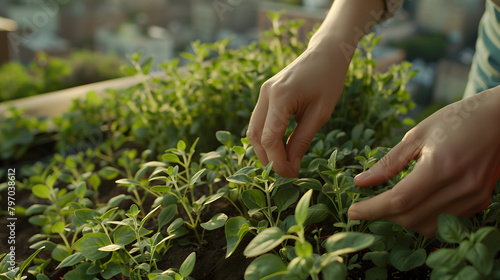 A closeup capture of hands positioning oregano plants in an upper-level garden. with plant growth and city buildings discernible in the distance.  © Oleksandr