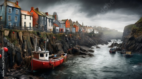 Quaint fishing village with vibrant houses and docked boats on a cloudy day
