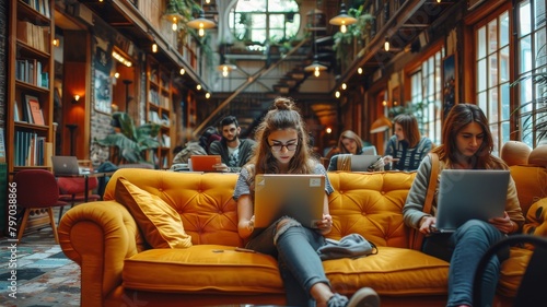 A group of people are sitting on a yellow couch, each using a laptop