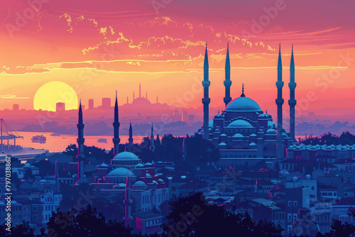 Artistic illustration of Istanbul at dusk with mosque and glowing city lights